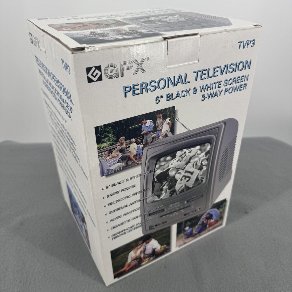 Vintage GPX TVP3 5in Black & White Personal TV 3-Way Battery Power Portable